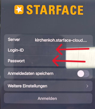 Anmeldemaske der STARFACE App mit Server, Login-ID und Passwort