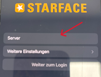 Startbildschirm der STARFACE App mit dem Feld Server