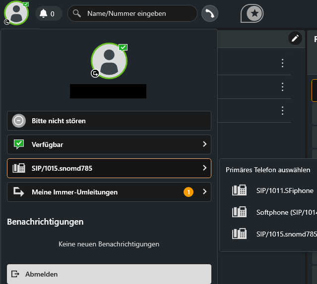 Profilmen&uuml; des STARFACE Softphones mit der Auswahl des prim&auml;ren Telefons
