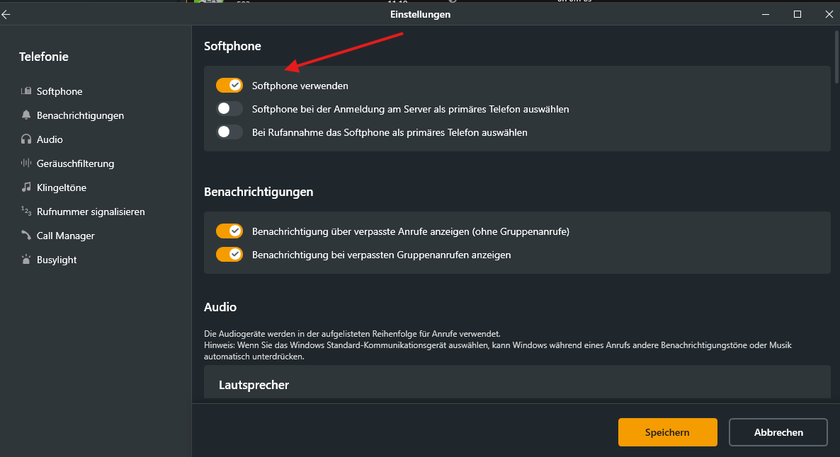 Einstellungen des STARFACE Softphones, Men&uuml;punkt Telefonie mit der Option Softphone verwenden